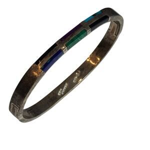 Vintage Mexico 925 Sterling Silver Multi Stone Inlay Hinged Bangle Bracelet